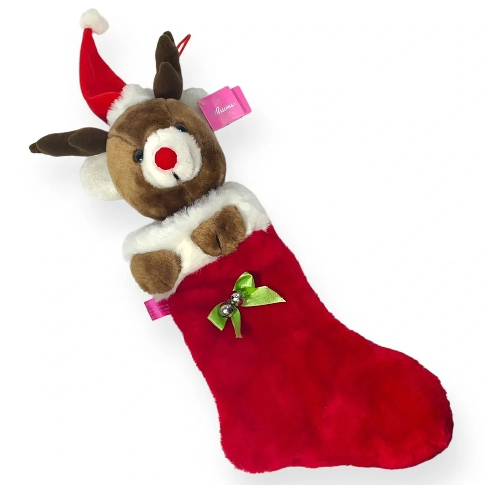 Vintage Bellissima Reindeer Stocking 18” Jingle Bell Christmas Decoration‎